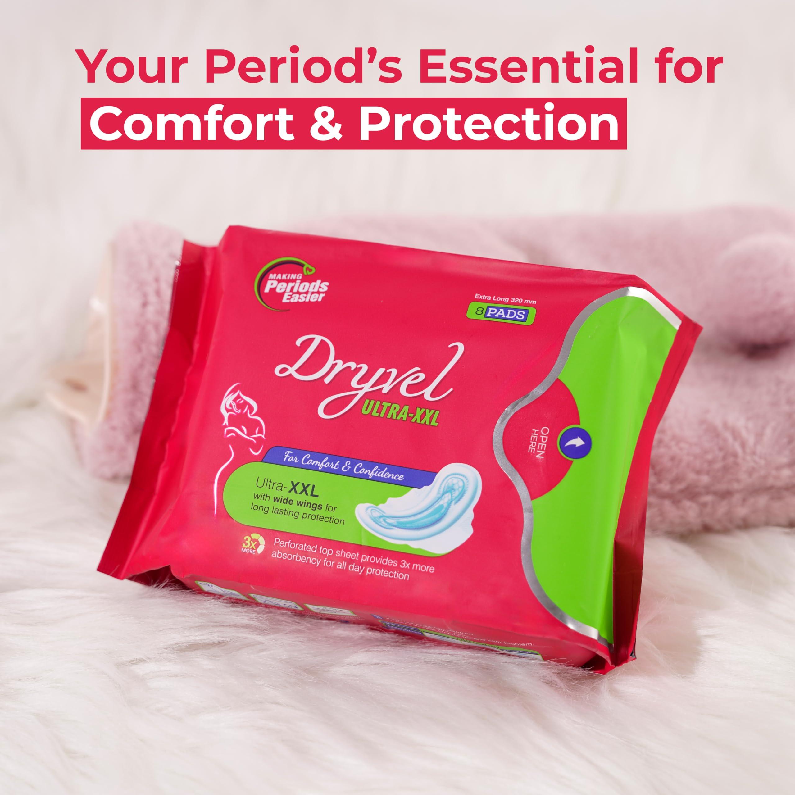 DRYVEL Dryvel Ultra Sanitary Pads | Sanitary Napkins for Women | Sanitary Napkins with Wider Wings | Breathable Cotton Pads Sanitary Napkins | Pee Safe Sanitary Pads Pack of 6 (8 Pads each)
