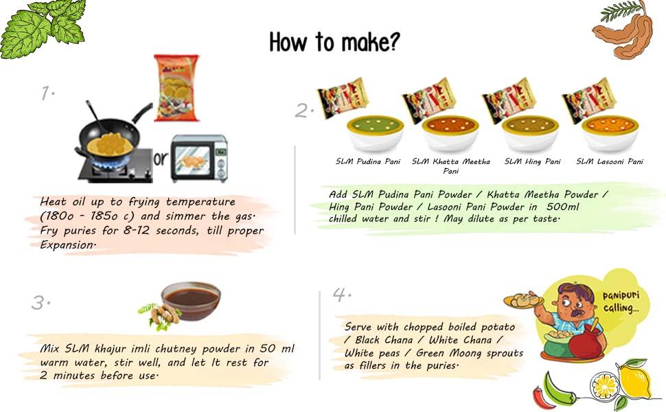 SLM SLM Pani Puri Golgappe Puchka kit with 4 Different Flavours 50Pcs Puris.(Pack of 5) Pudhina Pani, Hing Pani, Lasooni Pani, Khatha Meetha Imli Pani and khajur Imli Chutney 250g Each Combo