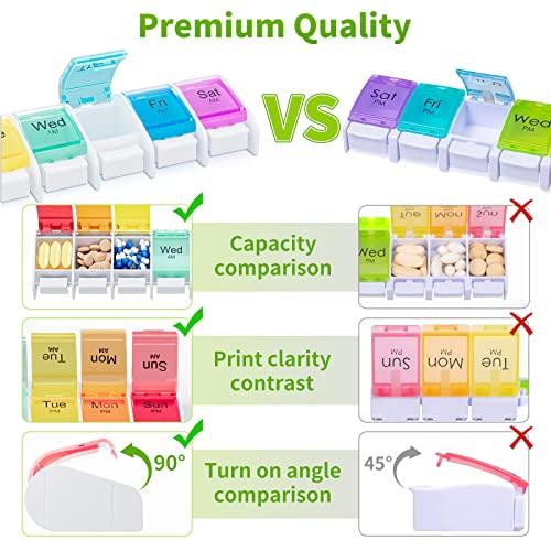 Windtrace 7 Days AM PM Pill Organizer - 2 Times a Day Large Weekly Pills Case, BPA-Free Pills Box Container Cases, Morning and Night Pill Boxes with Unique Push-Button Pop Open Design Hold Vitamin, Medicine