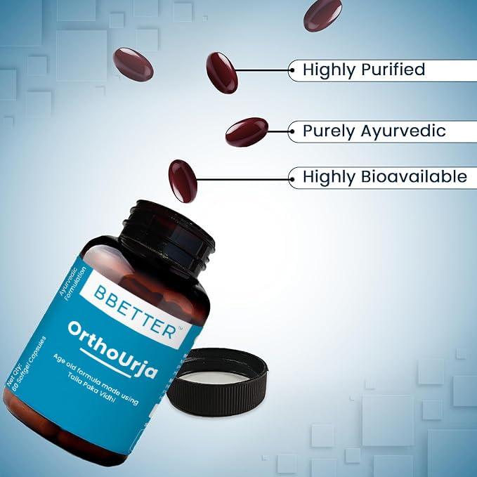 BBETTER BBETTER OrthoUrja -Ayurvedic Knee Pain, Joint Pain & Arthiritis Relief | Made by Taila Paka Vidhi Method | 60 Softgels for Knee Pain, Joint Pain & Arthritis Relief