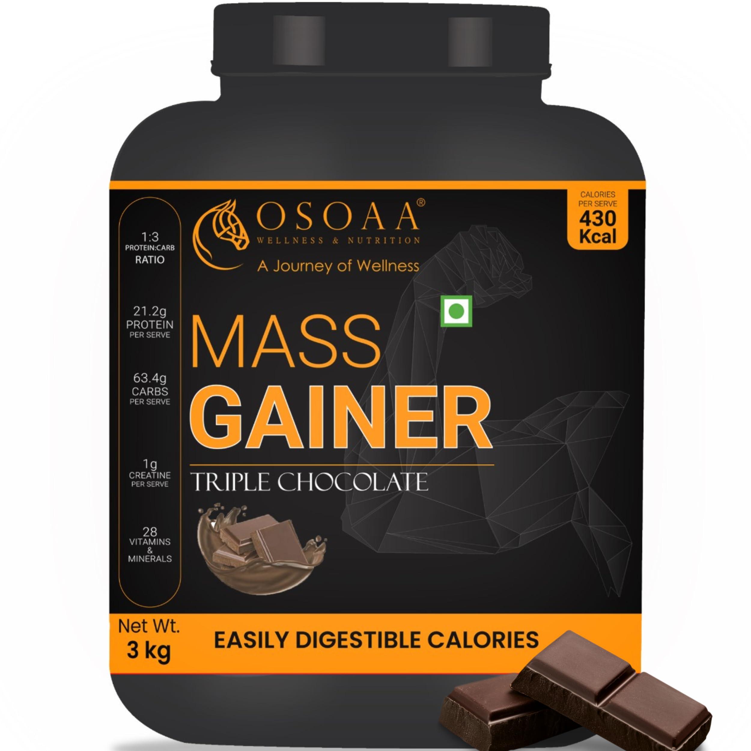 OSOAA OSOAA Lean Mass Gainer 3Kg |(Triple Chocolate) | With 3g Creatine & 21g Protein | 420 Calories & 21G Protein | Added Digestive Enzymes | 28 Added Vitamins