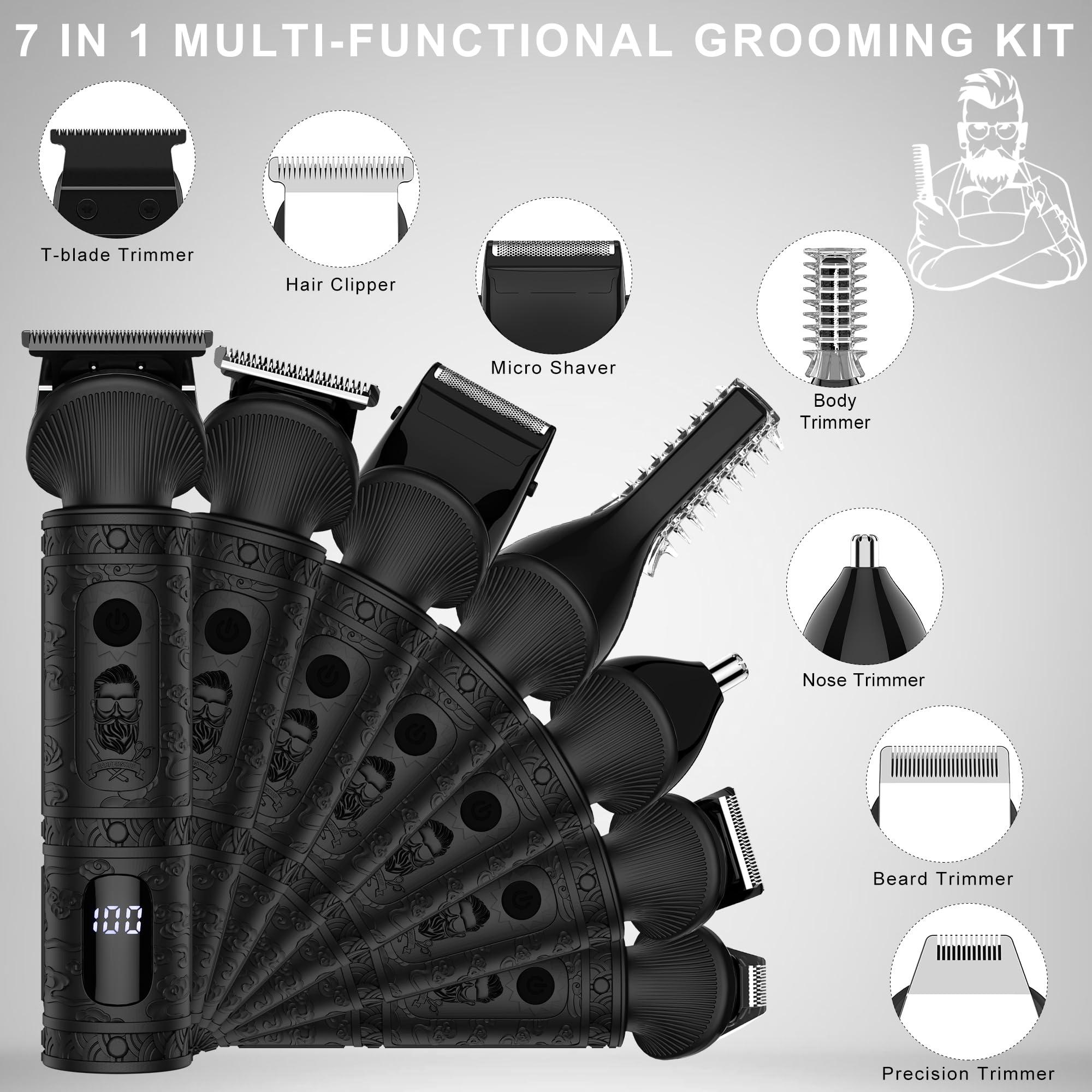 Scttomon Scttomon Beard Trimmer for Men Professional Mens Beard Grooming Kit T-Blade Trimmer Razor Nose Body Trimmer Hair Cutting Kit Cordless 7 in 1 Black
