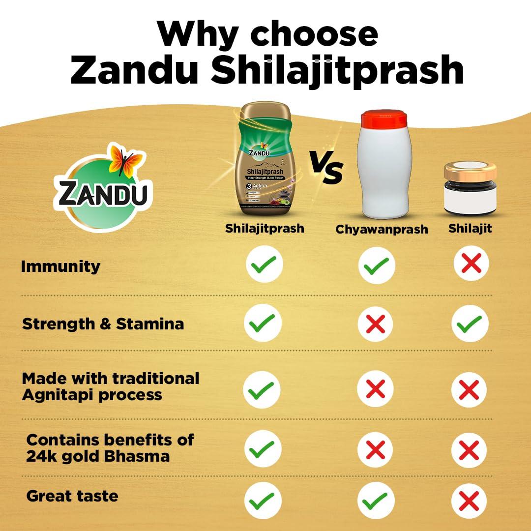 Zandu Zandu Shilajitprash 450g | Shilajit + Chyawanprash Herbs| 3 Action formula to Boost Immunity, Strength and Stamina| A Powerhouse of 47 potent Ayurvedic herbs like Shilajit, Gold,Kesar, Ashwagandha