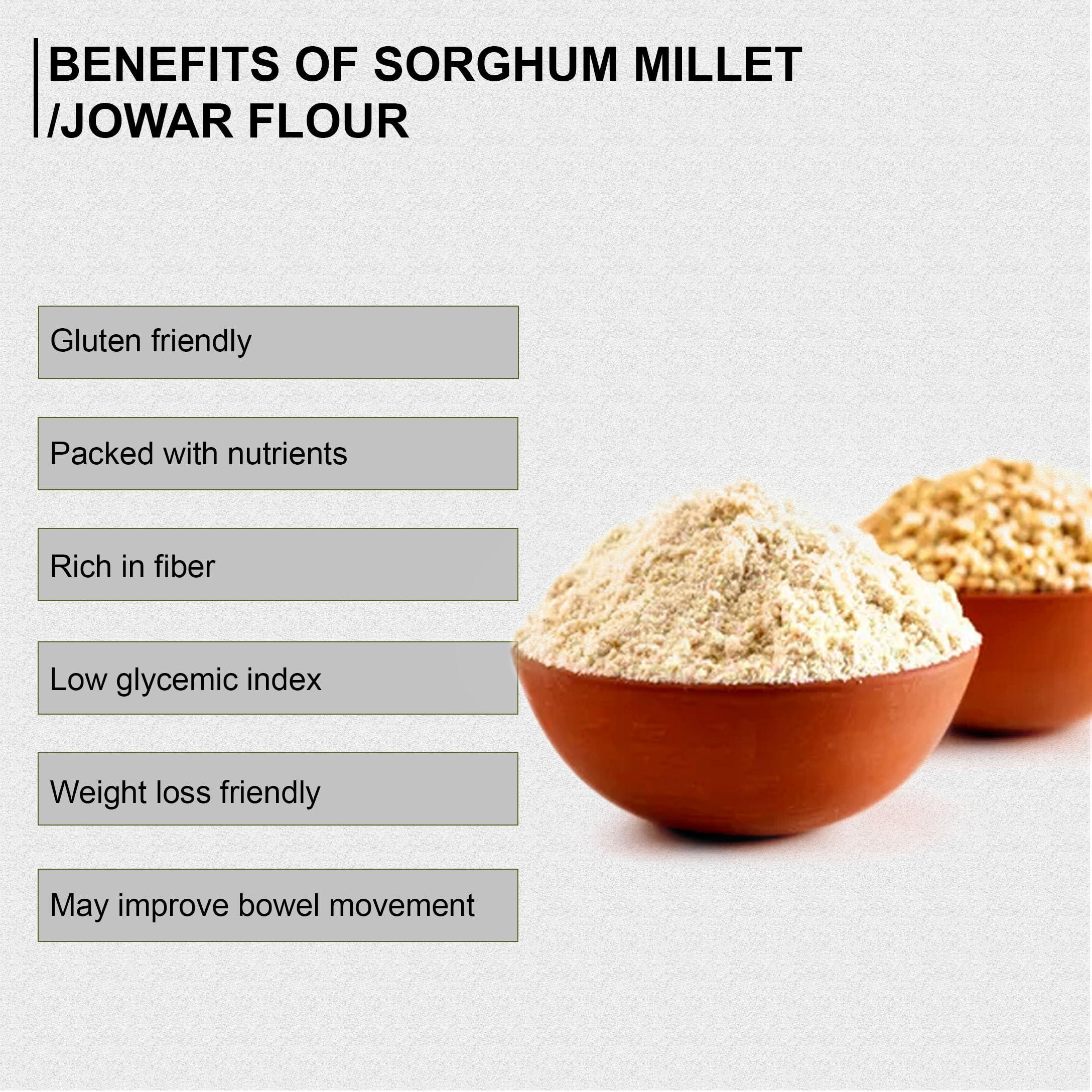 Hillpure Organic Grown by mother nature Hillpure Organic Sorghum Flour, Jowar Atta, Naturaly Grown, Low Gluten, Rich in Micro-nutrients (1 Kg + 1 Kg)