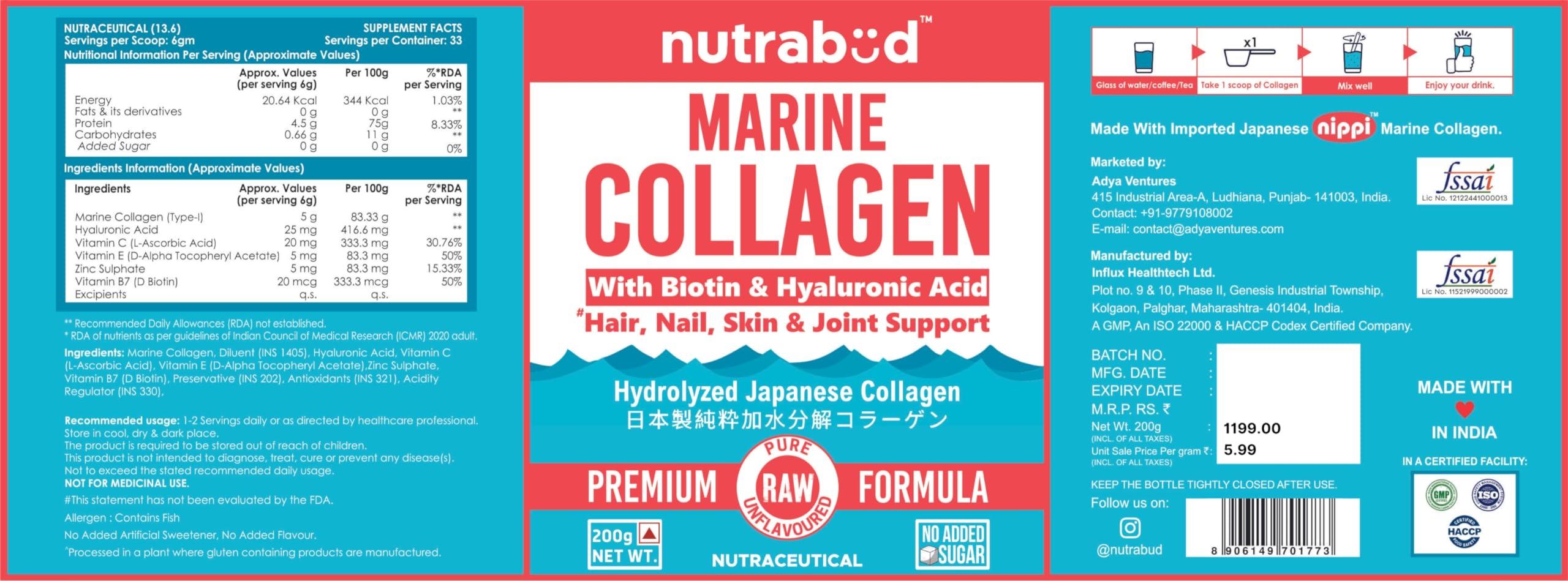 nutrabud Nutrabud Japanese Marine Collagen Powder Supplement for Women,Men|No Added Sugar|Supports Skin Radiance,Healthy Hair,Nails & Joints|Hydrolyzed Collagen Peptides (Unflavoured,200 grams)