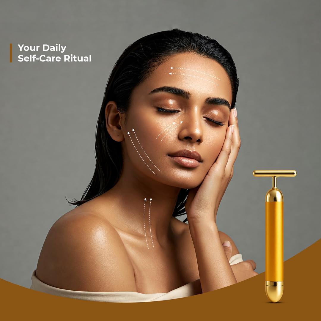 Dealsure Dealsure 24k Gold Energy Beauty Bar Electric Vibration Facial Massage Roller Waterproof Face Skin Care T-Shaped Anti Wrinkle Massager for Forehead Cheek Neck Clavicle Arm (Gold Colour)
