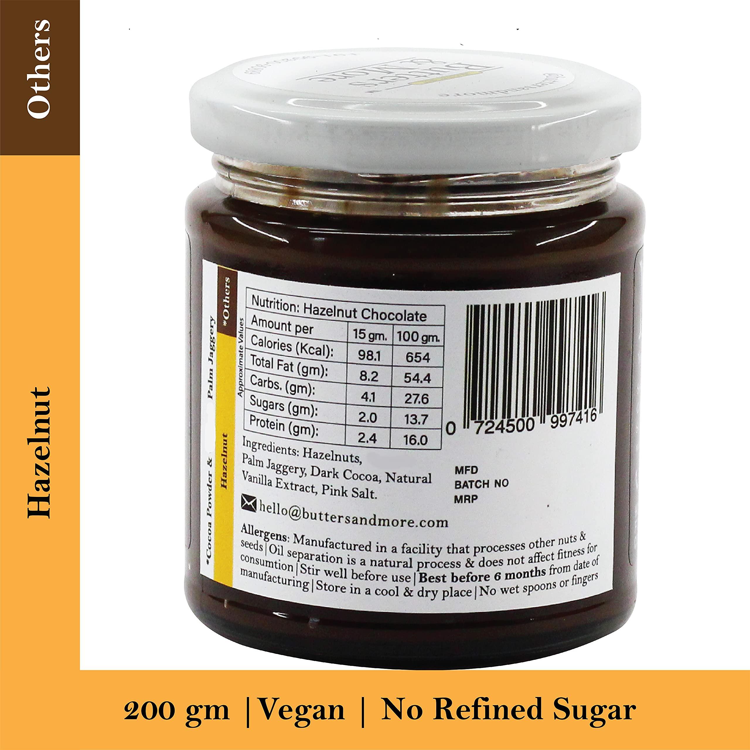 Butters & More Butters & More Vegan Hazelnut Butter With Dark Cocoa & Palm Jaggery (200G). Healthy Chocolate Spread.