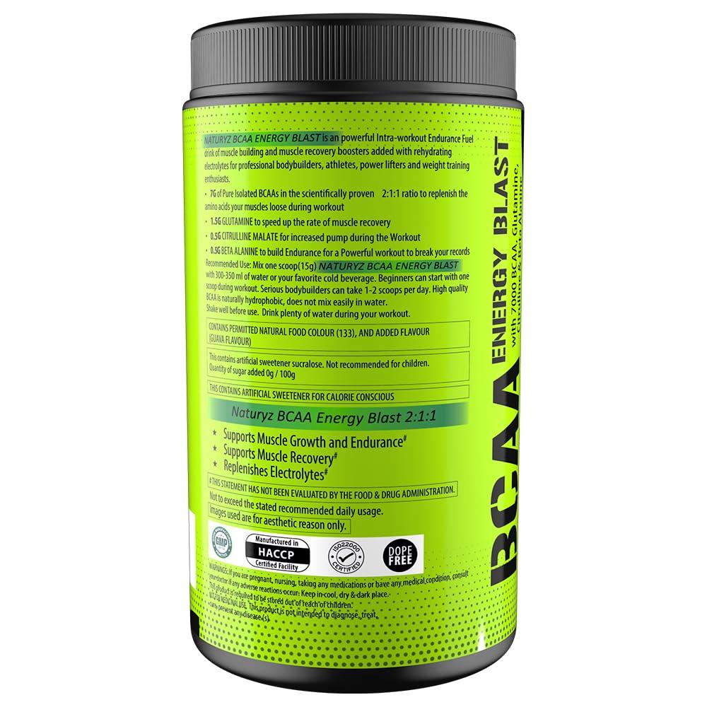 Naturyz NATURYZ BCAA Energy Blast Pre Intra Post Workout Supplement With 7000 BCAA | Glutamine | Citrulline | Beta-Alanine for Muscle Recovery | Power & Energy-450 Grams(Guava Flavor)