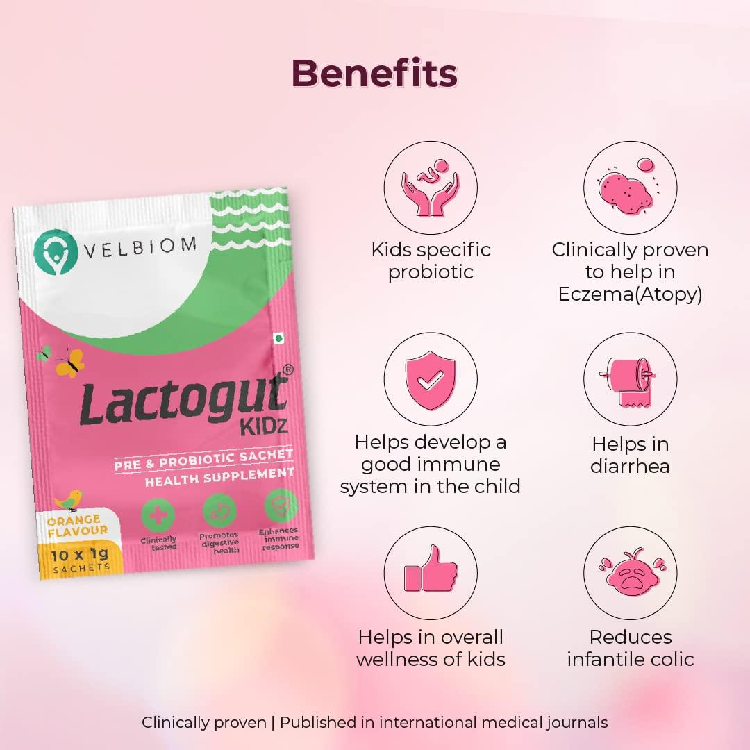 VELBIOM Velbiom Lactogut Kidz Probiotics Powder For Kids Easy To Consume Probiotics For Children Gut Health, Overall Wellness and Immunity Vegan Clinically Proven - Pack 2