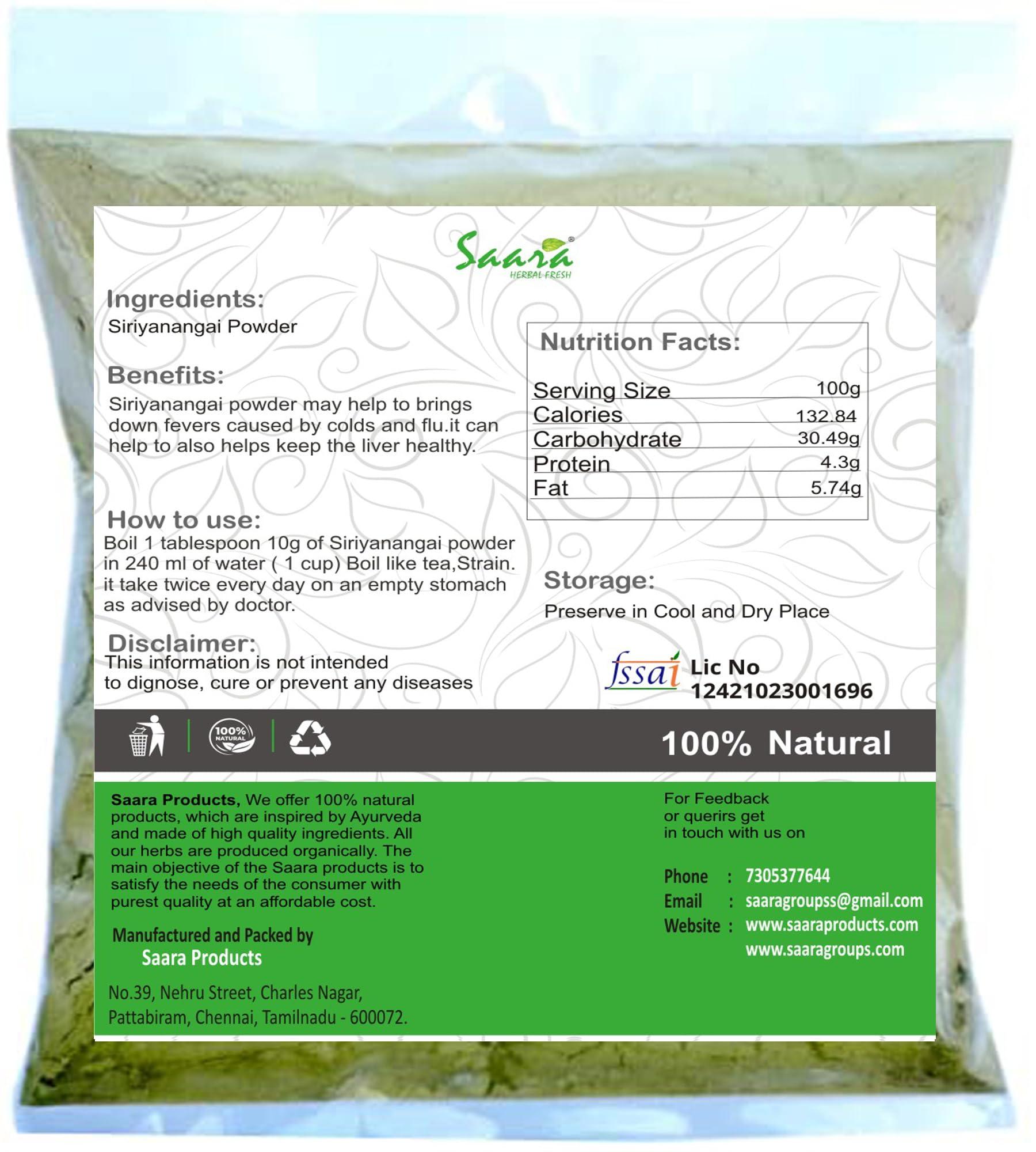 SAARA Saara HERBAL FRESH Chiriya Nangai Powder, 300g, Siriyanangai, Kirayat, Nilavembu, Nelavepu, Kariyat Powder,(pack of 3 x 100g)