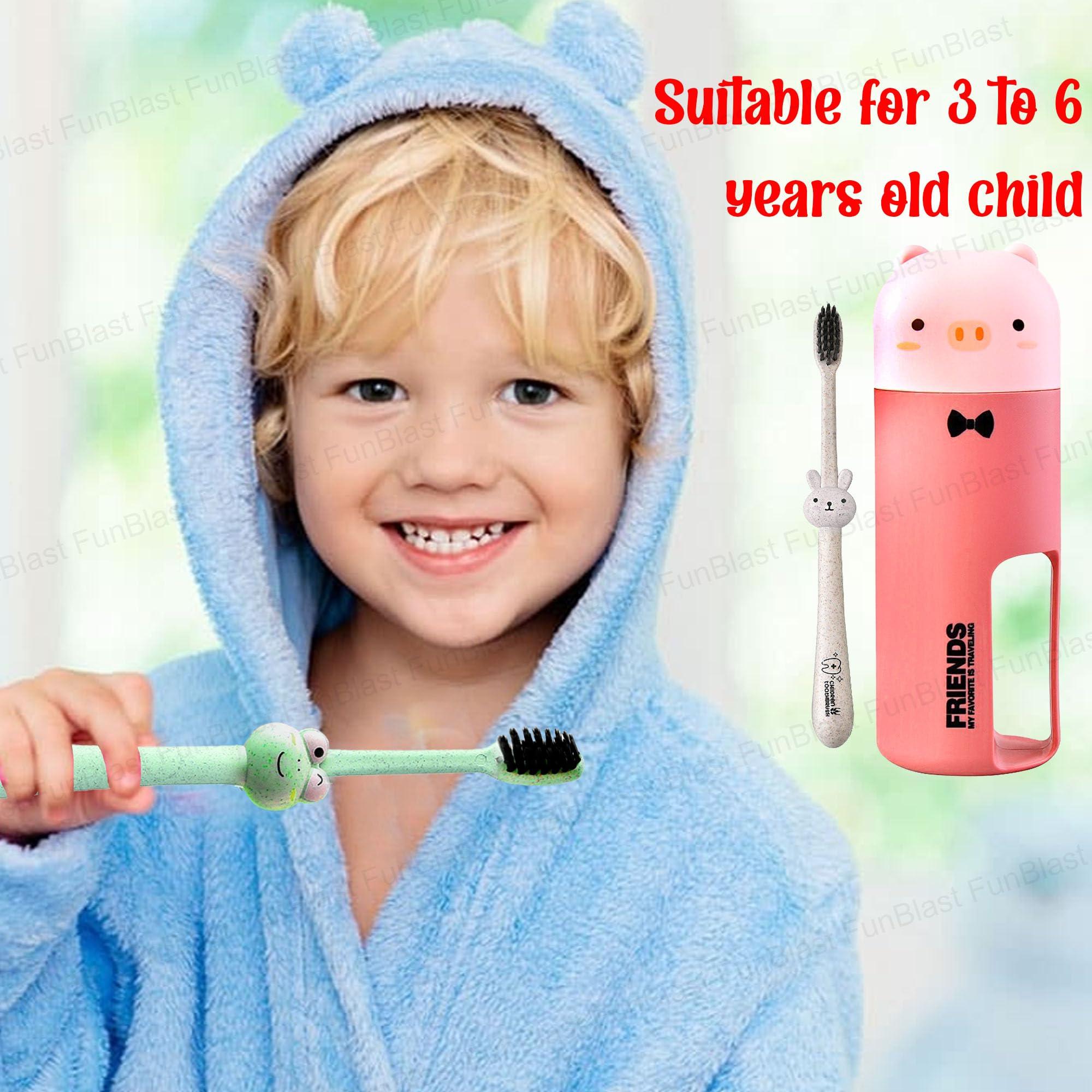FunBlast FunBlast Kids Toothbrush Travel Toothbrush Cup Set, Wheat Fiber Toothbrush with Portable Box for 3-6 Years old Children, Animal Cartoon Design Manual Toothbrush for Kids (Pig-Pink)