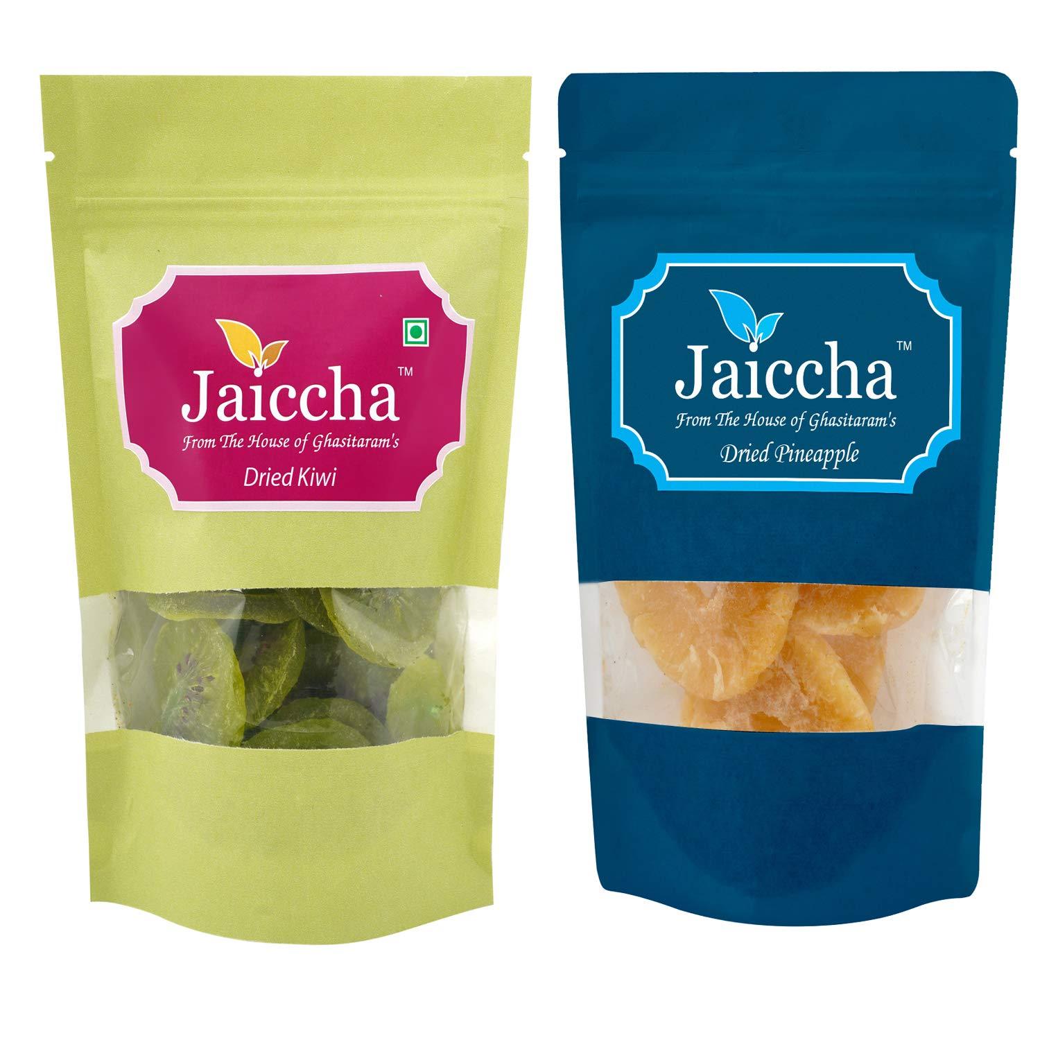 Jaiccha Ghasitaram Gifts Jaiccha - Pack of 2 Dried Kiwi, Pineapple Pouches 200 GMS |Gift for Diwali,Holi,Rakhi,Valentine,Christmas,Birthday,Anniversary,Gift for Her,Him,Mothers Day,Fathers Day|