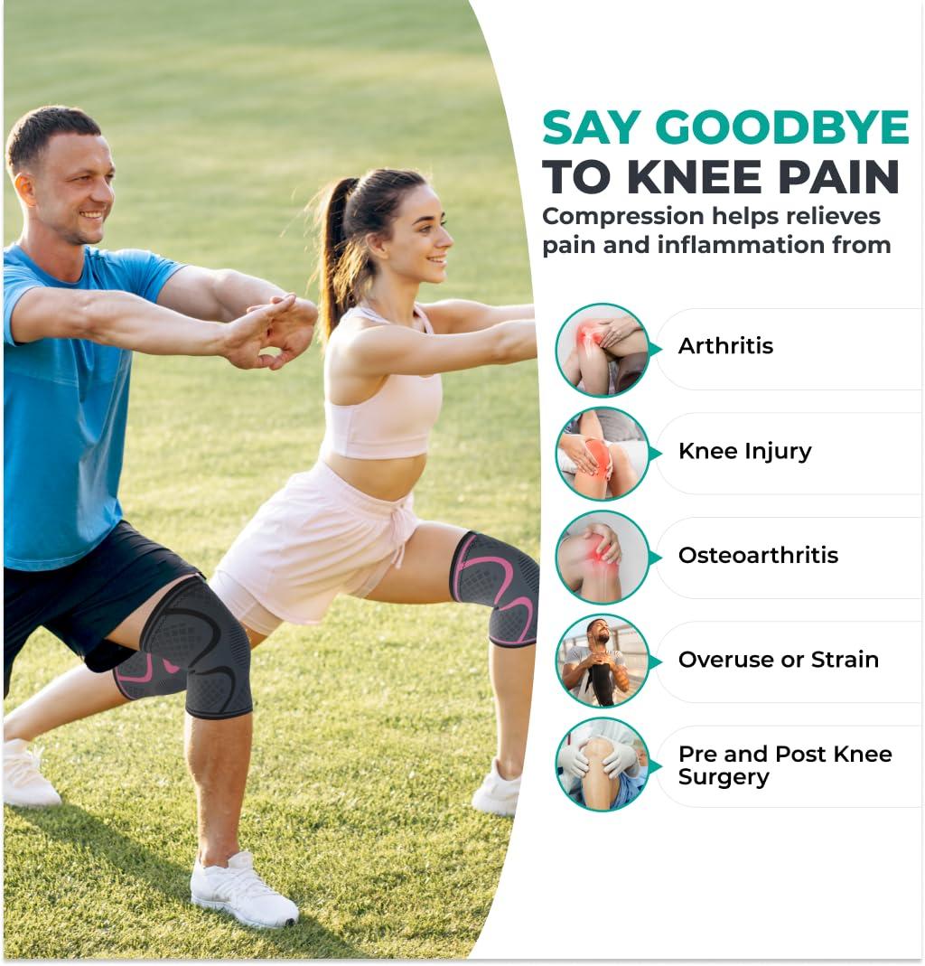 Modvel Modvel 2 Pack Knee Compression Sleeve | Knee Brace for Men & Women | Knee Support for Running, Basketball, Weightlifting, Gym, Workout, Sports | Joint Pain Relief - Please Check Sizing Chart