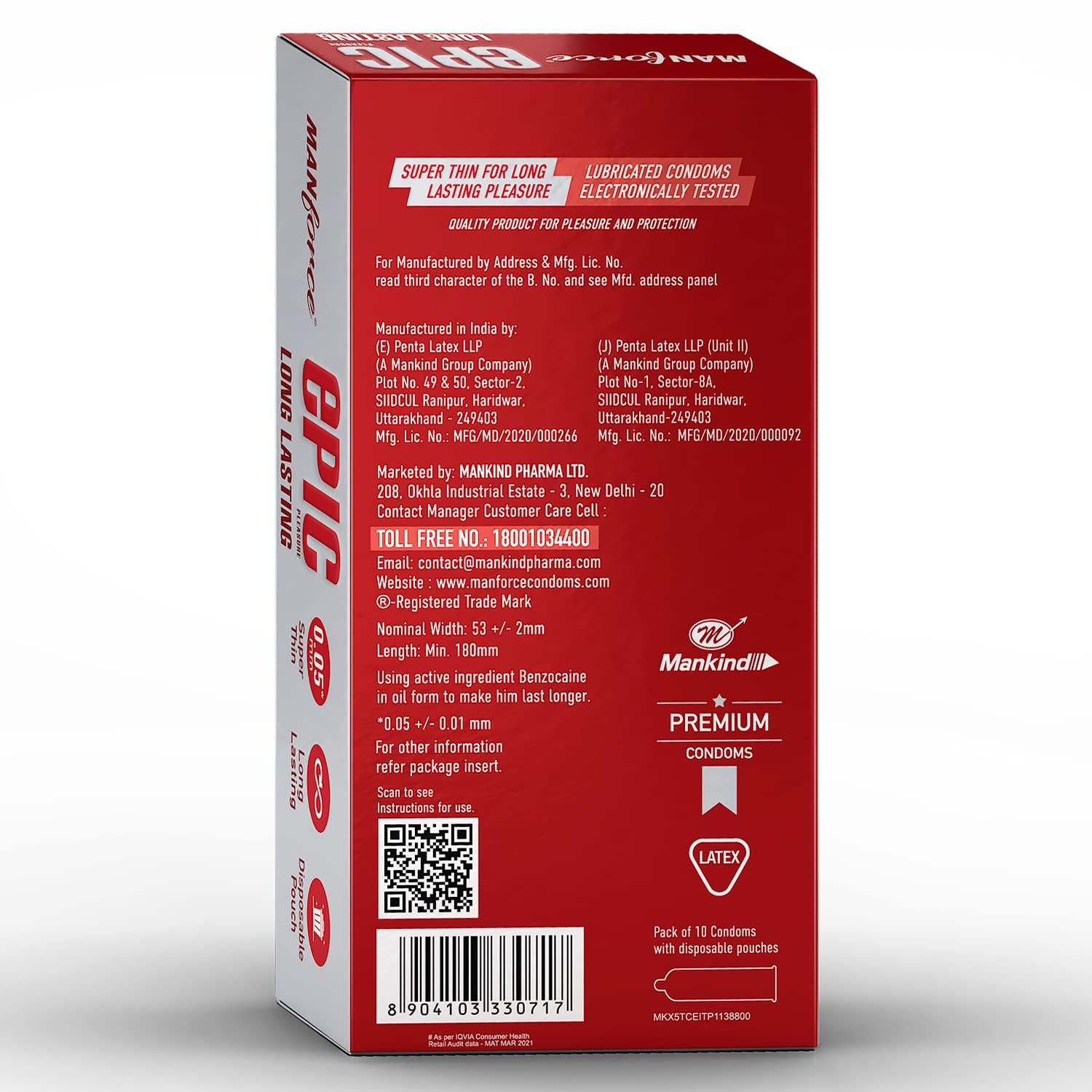 Manforce Manforce Epic Passion Fruit Punch (1800 Square Dots) Flavoured & Pleasure Raspberry Flavoured Condoms, With Disposable Pouch - 2x10s