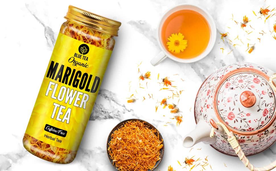 BLUE TEA BLUE TEA - Marigold Tea - 50 Gram (Pack of 2) | Pure Marigold Flower Petals || FLOWER TEA || Ketogenic Diets, No Caffeine or Harsh Additives | Eco-Conscious Pet Jar Pack |