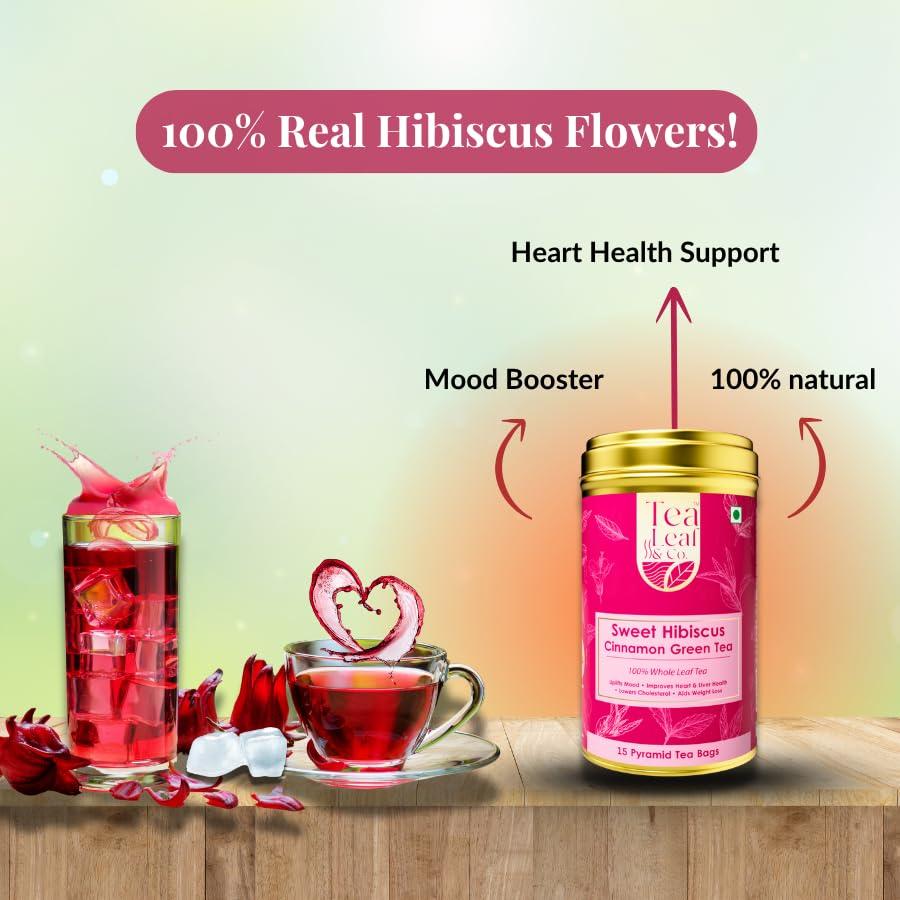 Tea Leaf & Co. Tea Leaf & Co. Sweet Hibiscus Cinnamon Green Tea (30 Pyramid Tea Bags Pack of 2) | Improves Immunity | Antiseptic Properties | Boost Sleep Quality - Brew Hot Tea or Iced Tea