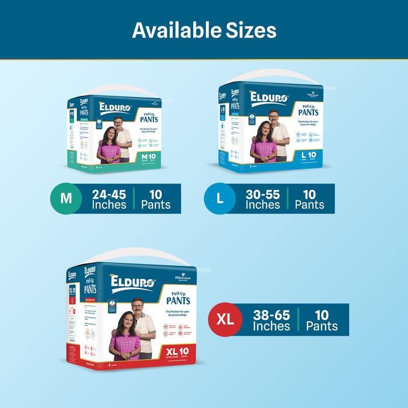 ELDURO ELDURO Adult Diaper Medium Size | 61-115 cm (24\" - 45\") | Pant Style, Adult Diapers, Adult Diaper Pants, Adult Diapers M Size, Unisex, Leakproof, 14hr Overnight Protection - Pack of 1 (10 counts)