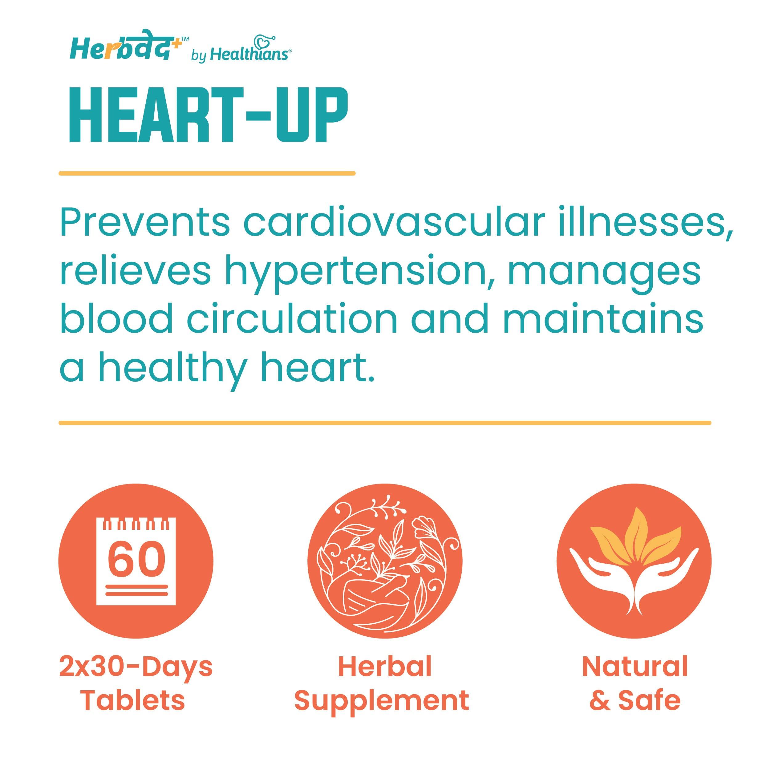 Herb+ by Healthians HerbVed+l Heart-up | Natural & Safe Product | Healthy Heart | Cholesterol Control | Cardiac Wellness | Clinically Researched | Herbal Supplement | No Harmful Chemicals & Preservatives 60 Tablets