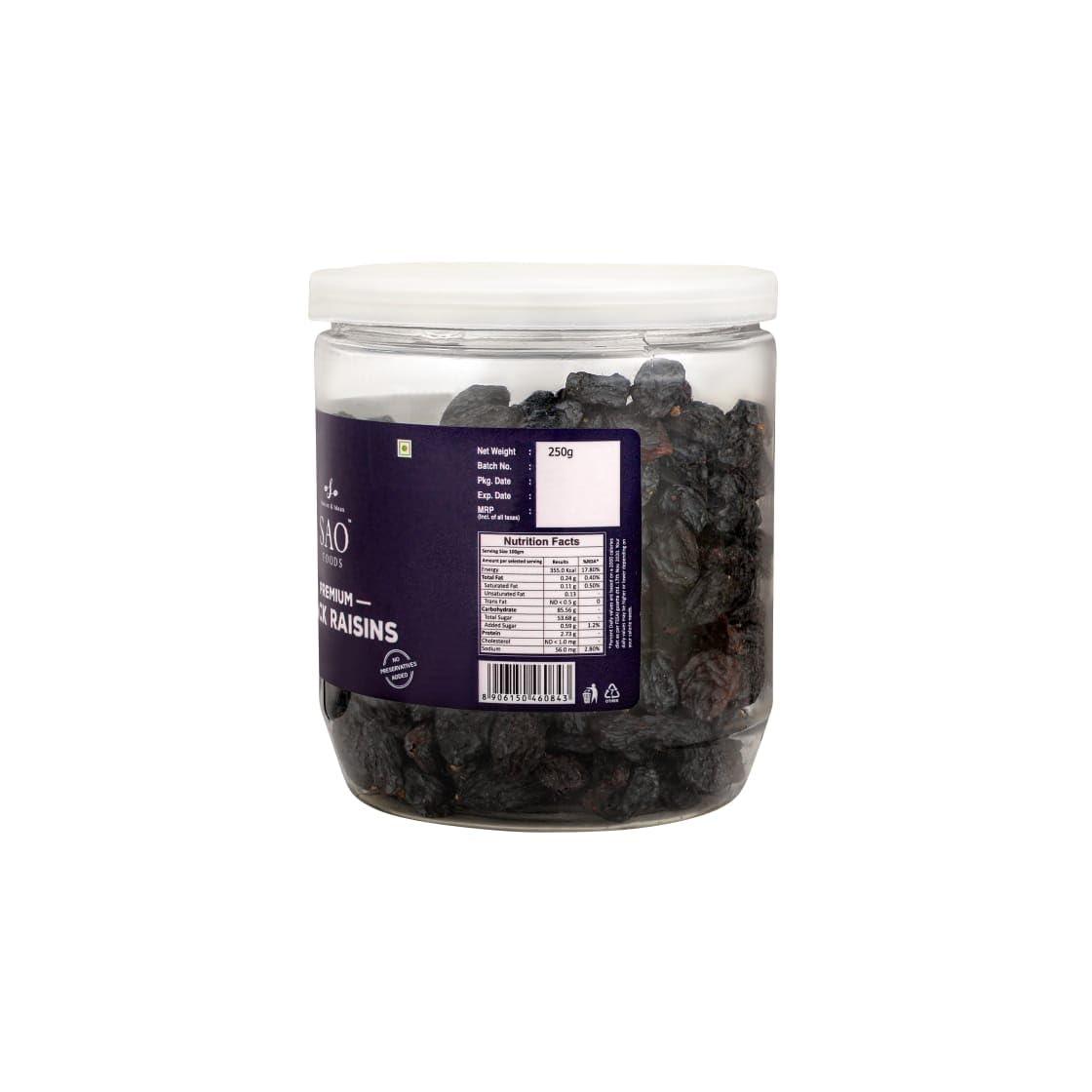Stories & Ideas SAO Foods Sao Foods Premium Black Raisins 250 gm PET Jar, Naturally Dried, Helps in Digestion, Improves the Immune, High Energy Source, Premium Kishmish, Source of Potassium, Premium Dry Fruits
