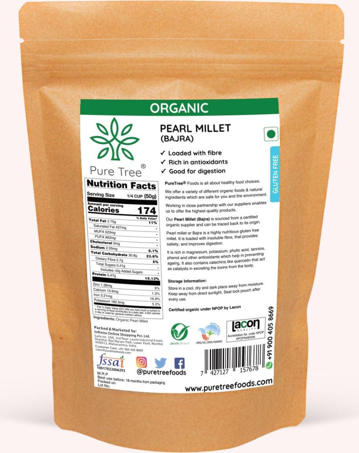 Pure Tree Pure Tree Certified Organic Bajra Millet | 900 g | Pearl Millet | Bajri/Sajje/Kambu/Pindi/Sajjalu | Gluten-Free | Rich In Antioxidants and Fiber | Millets Whole Grains