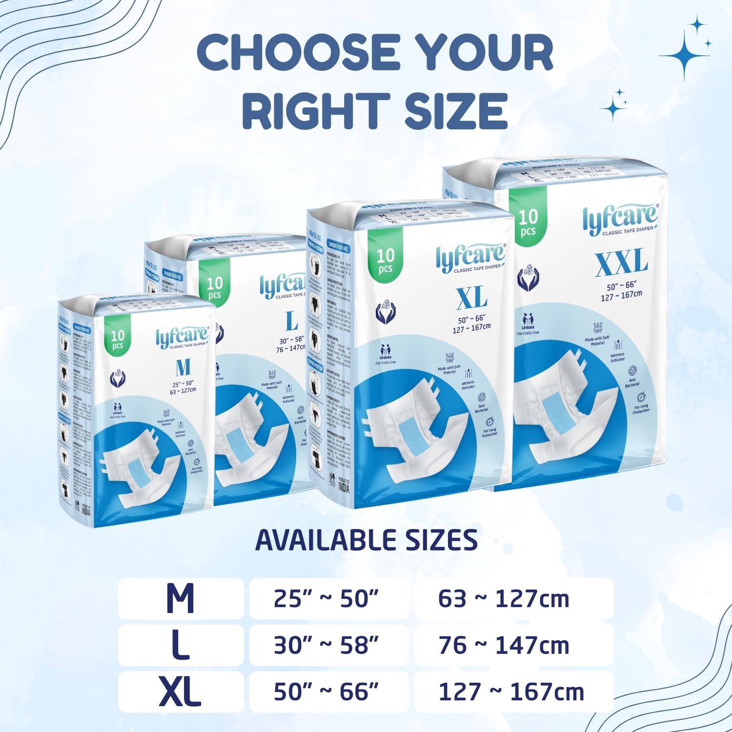 lyfcare Lyfcare Open Tape Adult Diaper Large Size (L) - 60 Units (Pack of 6) | Unisex Diapers Open Tape | Waist (76-147 cm) | Wetness Indicator, Super Absorb, 360 Protection & 0% Leakage | for Men & Women