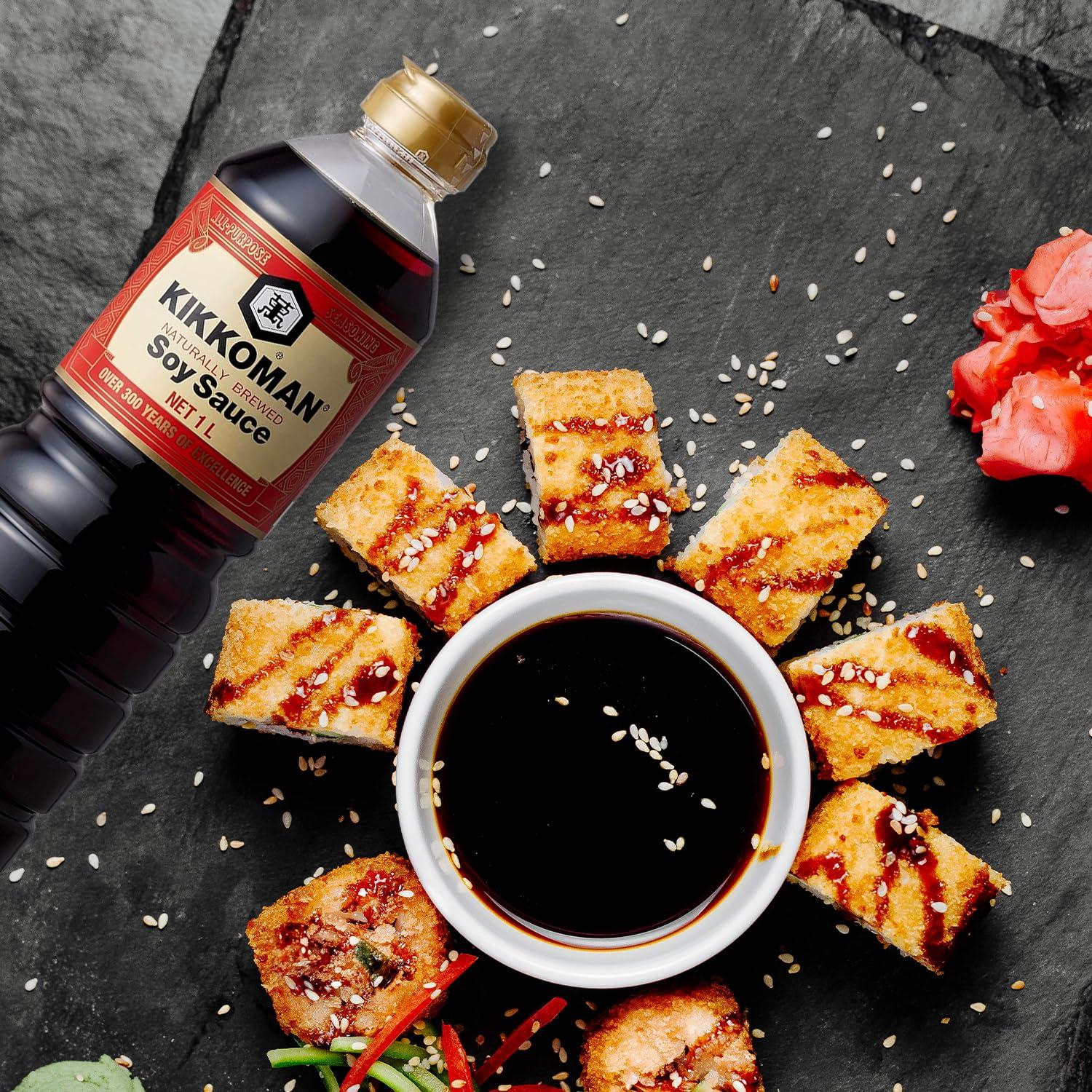 Kikkoman Kikkoman Naturally Brewed Soy Sauce - 1 Litre | Made in Japan, All Purpose Seasoning - 4 ingredients- Soy Beans, Salt, Water, Wheat | Vegetarian, No Added Colour or Preservatives