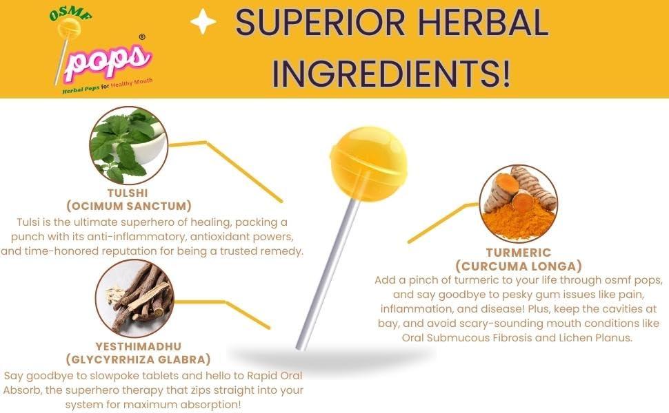 OSMF POPS - HERBAL POPS FOR HEALTHY MOUTH OSMF POPS - HERBAL POPS FOR HEALTHY MOUTH Immunity Booster Herbal Lollipops, Naturally Oral Care Candy Pack Of 1 Lollipop Stick 30 Pieces Each - Orange, 100 Gram