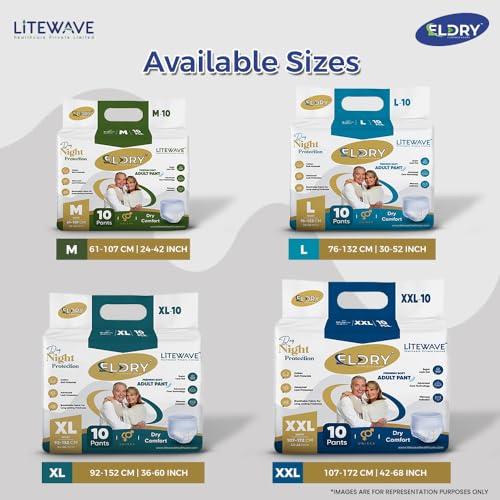 ELDRY ELDRY Unisex | Premium Soft Adult Pant Style Diapers | 10 Counts | Large (L) Size 76-132Cm (30\'\'-52\'\' Inch) | Leakproof, Wetness Indicator, 12 hrs Overnight Protection | (Pack of 1)