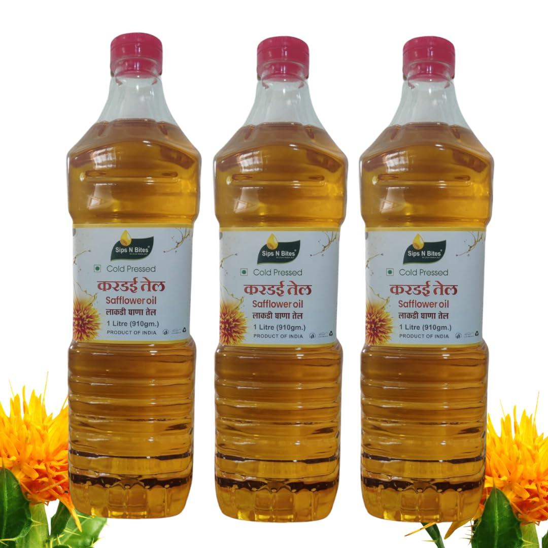 Sips N Bites Sips N Bites Cold Pressed Safflower Oil | 1 litre For Cooking | Lakdi Ghana | Kardi ka Tel | Lakdi Ghani Ka Oil | Kardai Tel Extracted On Wooden Churner 1000ml Bottle (Pack of 1)