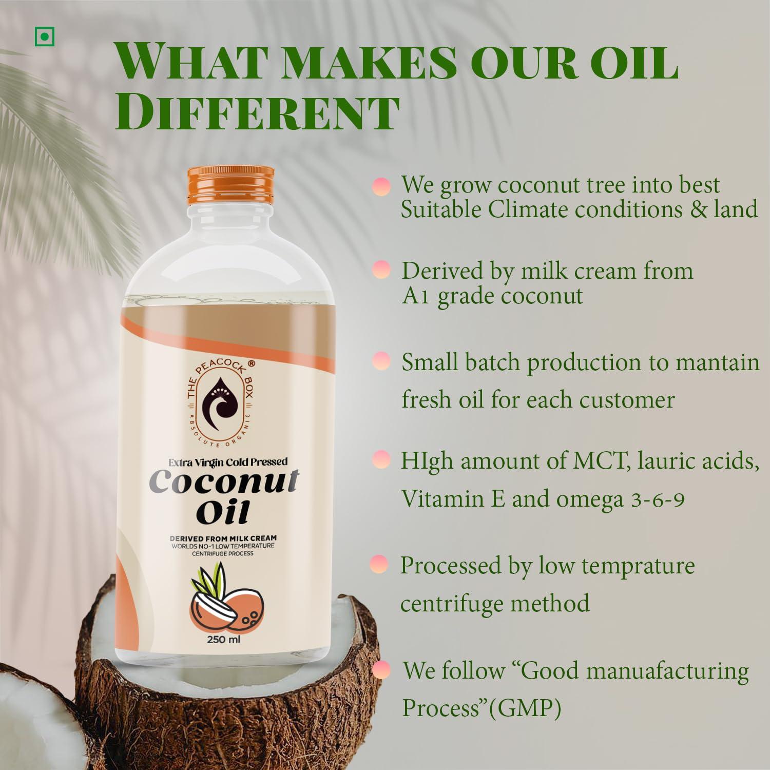 THE PEACOCK BOX ABSOLUTE ORGANIC The Peacock Box Organic Extra Virgin cold pressed Coconut Oil | Derived From Coconut Milk Cream | for Hair, Skin, and Cooking - 500 Ml