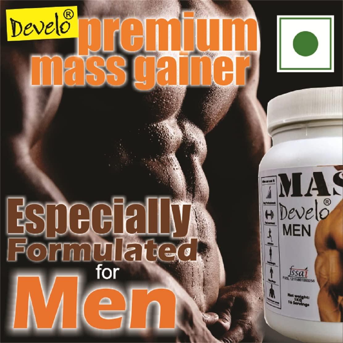 DEVELO Develo Mass Gainer 1kg Original xxl Gold Gym Supplement with WHEY SOY & MILK Protein, Powder for Lean Muscle gain in Men Mixed Fruit Flavor 1Kg