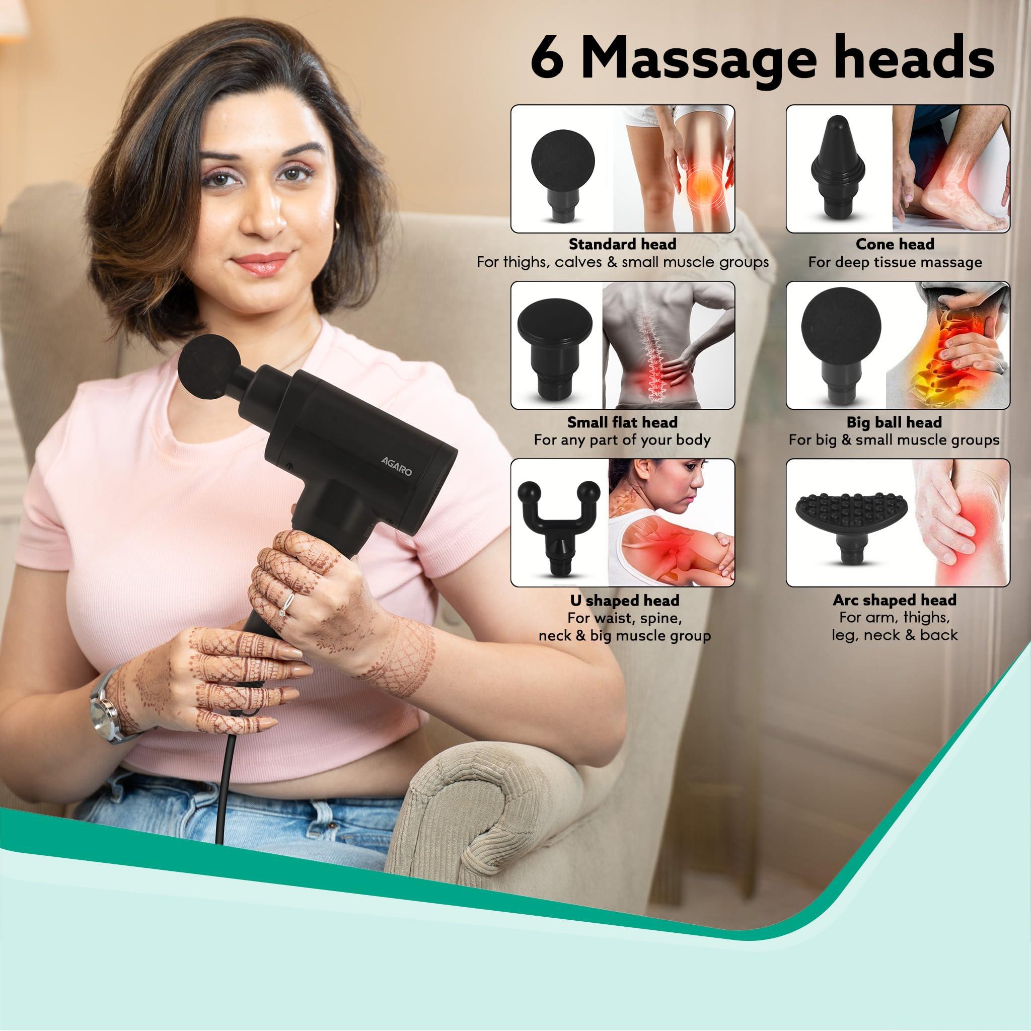 AGARO AGARO Impact Handheld Deep Tissue Percussion Gun Massager,Massage Machine, Body Massager, 6 Massage Heads, 5 Speed, For Deep Tissue Massage, Body Relaxation & Pain Relief (Black)