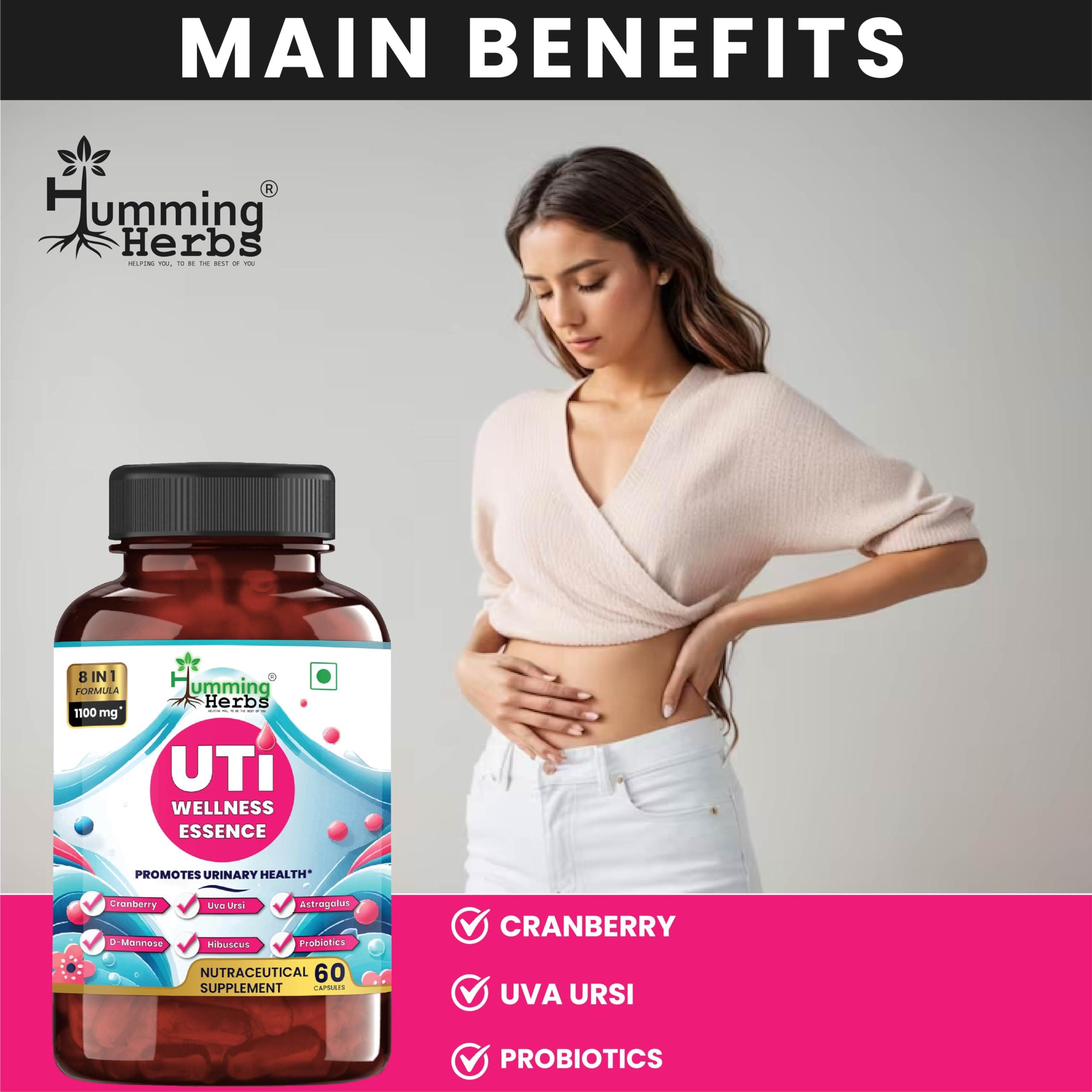 Humming Herbs Humming Herbs UTI Wellness Essence 1100mg - Advanced 8-in-1 Urinary Tract Support Formula with Cranberry, D-Mannose, & Probiotics - Promotes Bladder Health & Immunity - 60 Cap