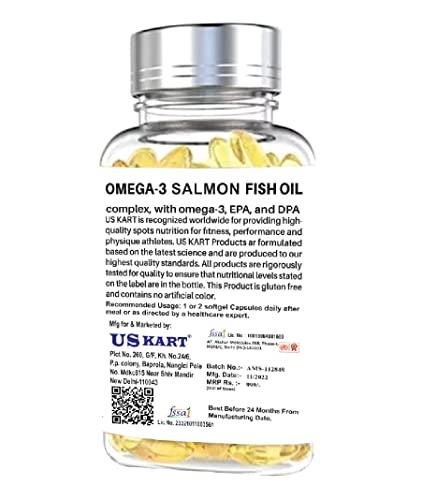 US KART NATURAL HEALTH SUPPLEMENTS US KART Omega 3 Salmon Fish Oil Capsules for Men & Women | 1000mg Omega 3 with 180 mg EPA & 120 mg DHA | No Fishy Burps | Omega 3 Fish Oil Supports Healthy Heart, Brain & Bones | 60 Softgels |