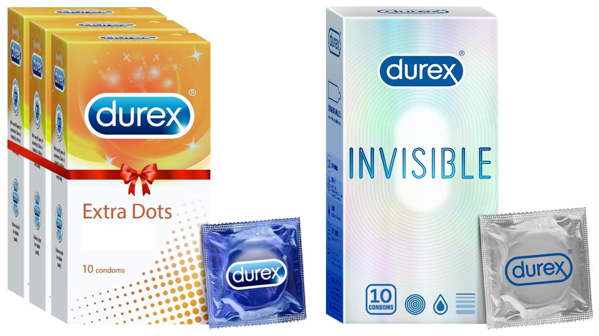 Durex Durex Extra Dotted Condoms for Men - 10 Count (Pack of 3) | Ribbed and Dotted Condoms & Durex Invisible Super Ultra Thin Condoms for Men - 10 Count