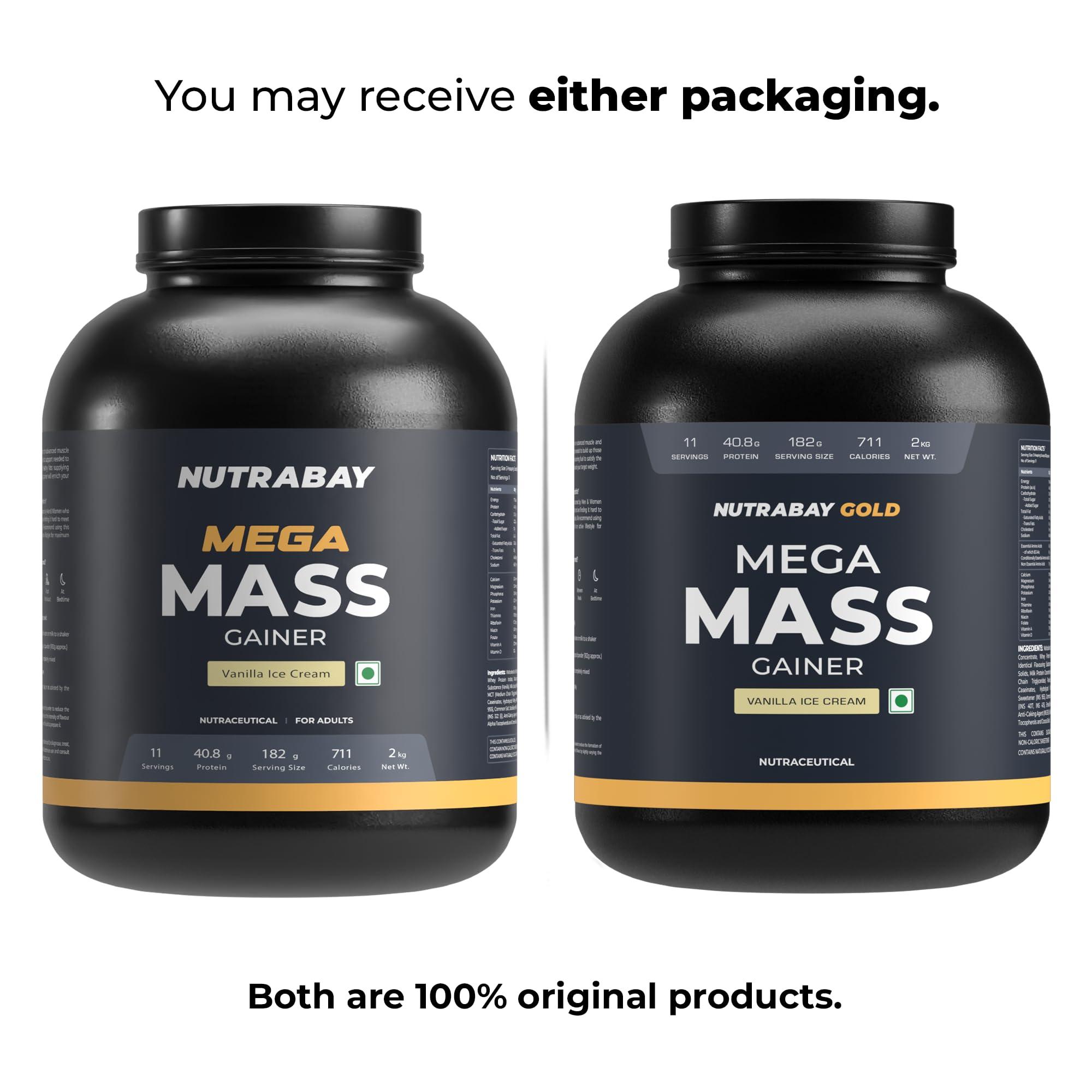 Nutrabay Nutrabay Gold Mega Mass Gainer Powder - 2kg, Vanilla Ice Cream | 100% Veg | 40.8g Protein, 123g Carbs, 711 Calories | Muscle Building & Weight Gainer Supplement for Men & Women
