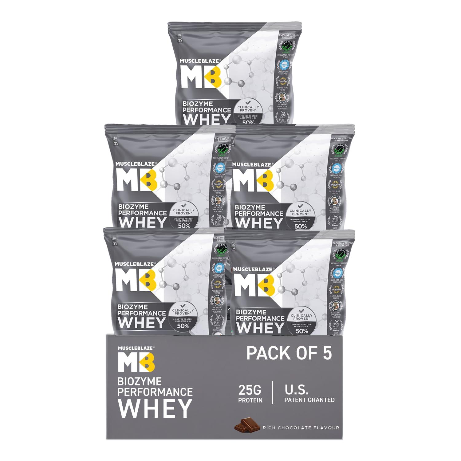 MuscleBlaze MuscleBlaze Biozyme Performance Whey Protein | 5 Sachet Travel Pack (5x36g) | Rich Chocolate | Clinically Tested 50% Higher Protein Absorption, Informed Choice UK Certified & US Patent Published EAF