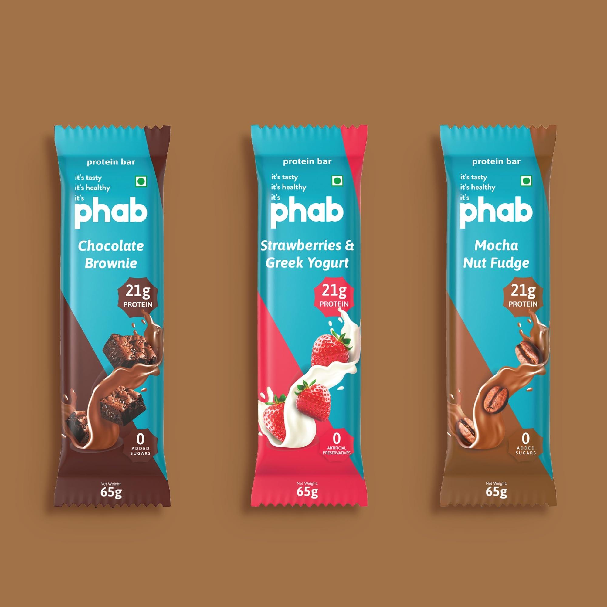 Phab Phab Assorted (Chocolate Brownie, Mocha Nut Fudge, Strawberries & Greek Yogurt) 21G Protein Bars (Pack Of 6), Fitness & Immunity With Goodness Of Dates-390 Gram