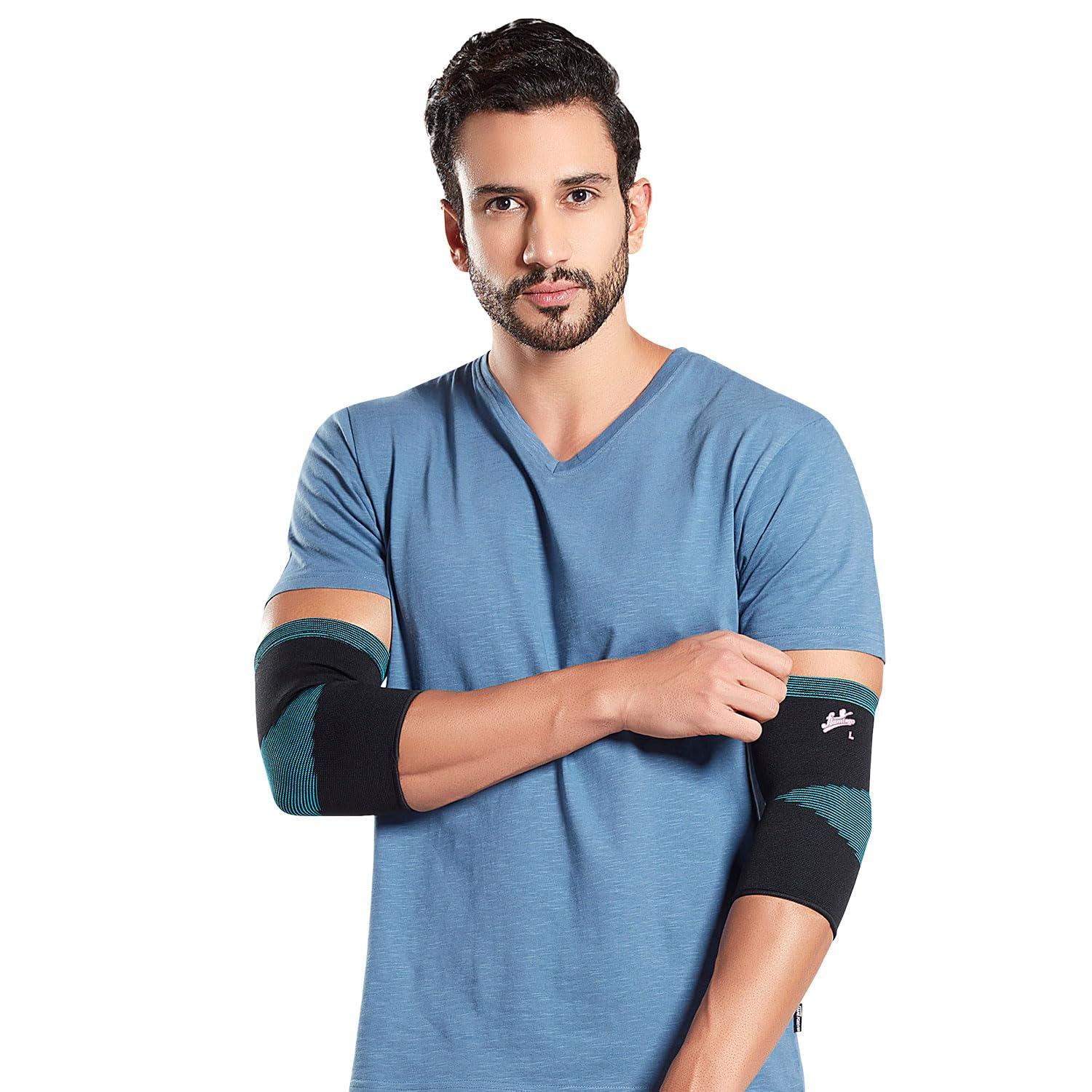 Flamingo Flamingo Premium Elbow Support Regular for gym,Pain Relief, Tennis, Volleyball, Cricket | Elbow Compression Sleeves for Men & Women (Pair) | Color-Blue | Size-XL