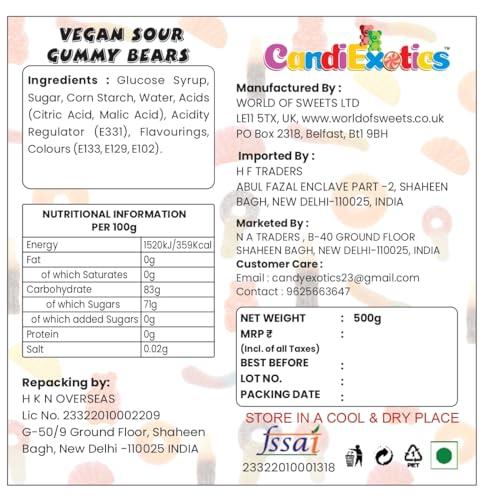 CandiExotics CandiExotics Vegan Sour Gummy Bear Gummy Candies - Fruit Flavored Jelly Candy Perfect for Kids and Adults alike (500gm)