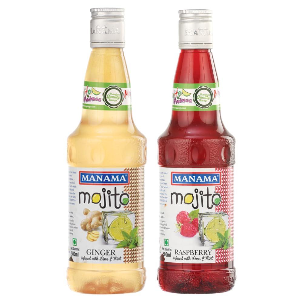 Manama Manama Ginger Mojito Syrup and Raspberry Mojito Syrup, 500ML Each, Mixer for Mocktails, Cocktails, Drinks, Juices, Beverages, Pack of 2