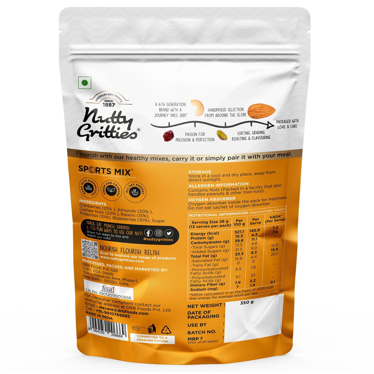 NUTTY GRITTIES Nutty Gritties Sports Mix - Roasted Almonds, Cashews, Pistachios, Dried Blueberries, Cranberries and Raisins, Mixed Dry Fruits | Resealable Pouch- 350g (Pack of 5)