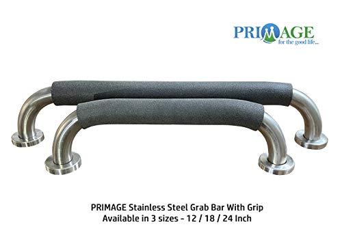Primage - for the good life Primage - for the good life Stainless Steel Bathroom Safety Grab Bar with Anti-Slip Grip (12 Inch Length, 1.5 Inch Diameter)