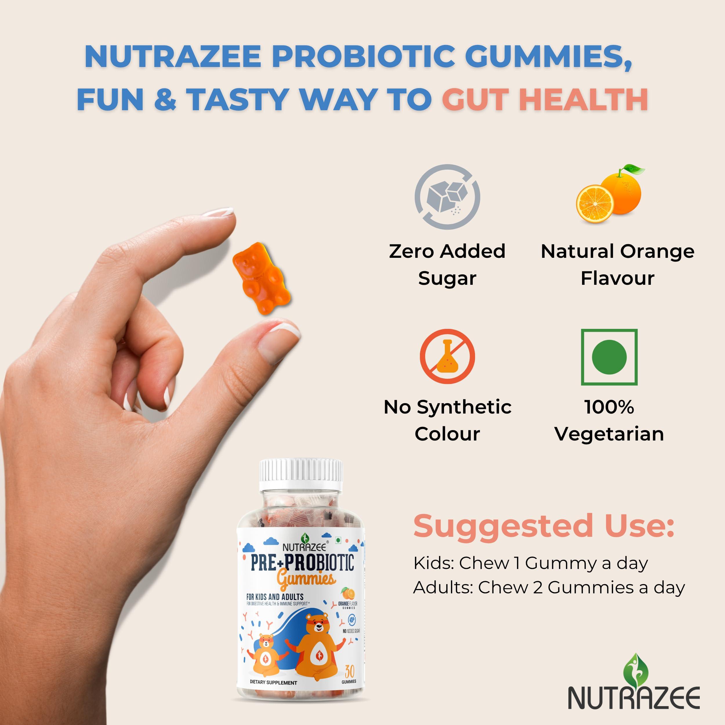 Nutrazee Nutrazee Probiotic Gummies - 2 Billion CFU, Prebiotic Fiber - Zero Added Sugar Supplement For Kids, Men & Women Clinically Validated For Digestion, Easy Bowel Movement & Immunity, 30 Gummy Bears -Orange Flavour