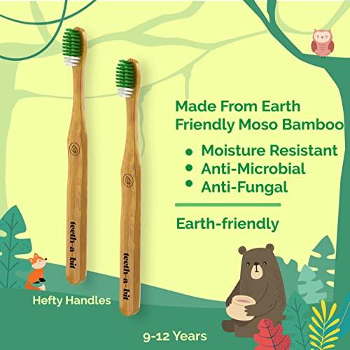 teeth-a-bit teeth-a-bit The Pledge Bamboo Toothbrush Kids (9-12 Years) Hefty Handle with Gum Sensitive Soft Bristles Pack of 2 (Forest Green)