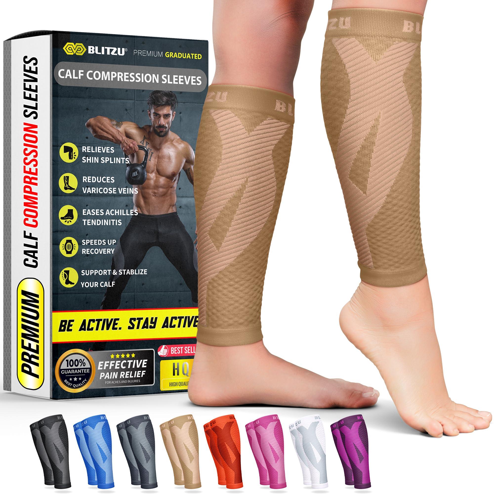 BLITZU BLITZU Calf Compression Sleeves For Women & Men Leg Compression Socks for Runners, Shin Splint, Recovery from Injury & Pain Relief Great for Running, Maternity, Travel, Nurses Nude S-M