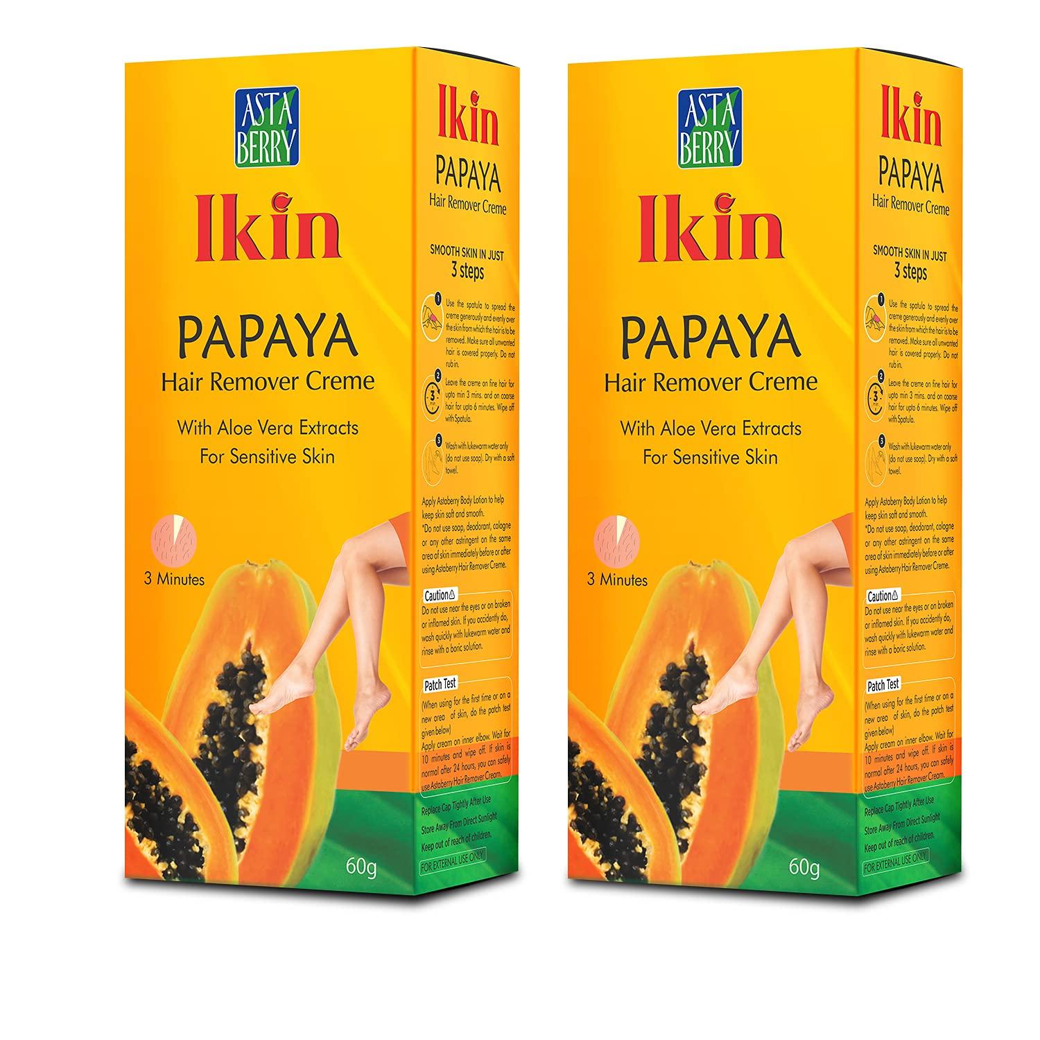Ikin Ikin Papaya Hair Remover Cream For Sensitive Skin - Bikini Hair Removal Cream For Women & Girls (Pack of 2 (60gm X 2))