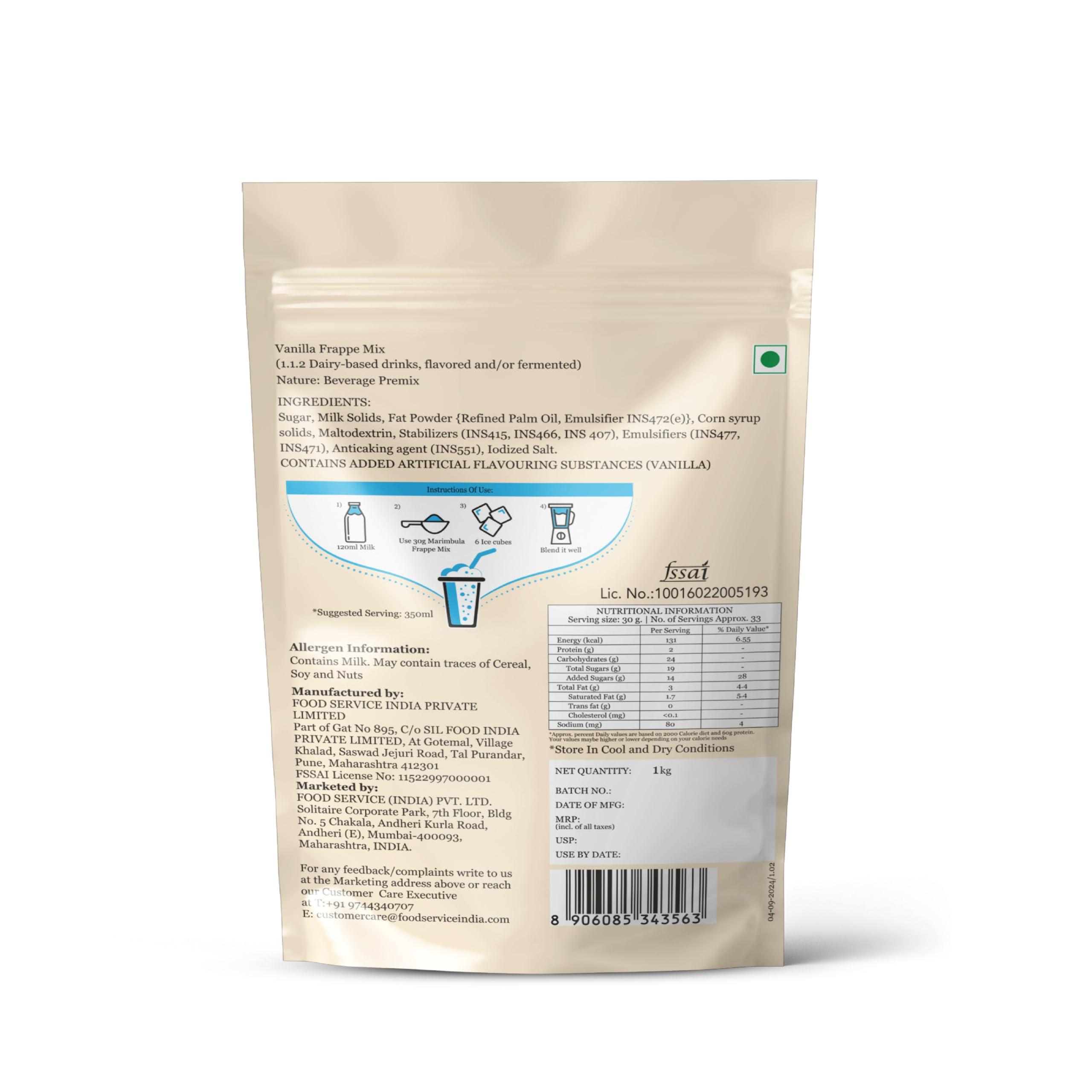 MARIMBULA Marimbula Vanilla Frappe Premix Powder | 100% Vegetarian | Suitable For Making Thick & Smooth Texture Milkshakes, Cold Coffee, Beverages And More | 1kg