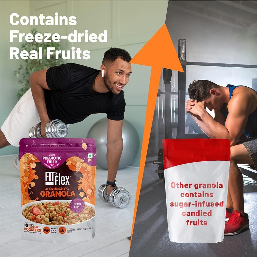 FIT & FLEX FIT & FLEX Baked Granola Mixed Fruit Oat Rich Cereal With Real Freeze Dried Fruits Ready To Eat Healthy Breakfast Food Cholesterol Free With Immunity Boosters As Seen On Shark Tank India 275 Gm