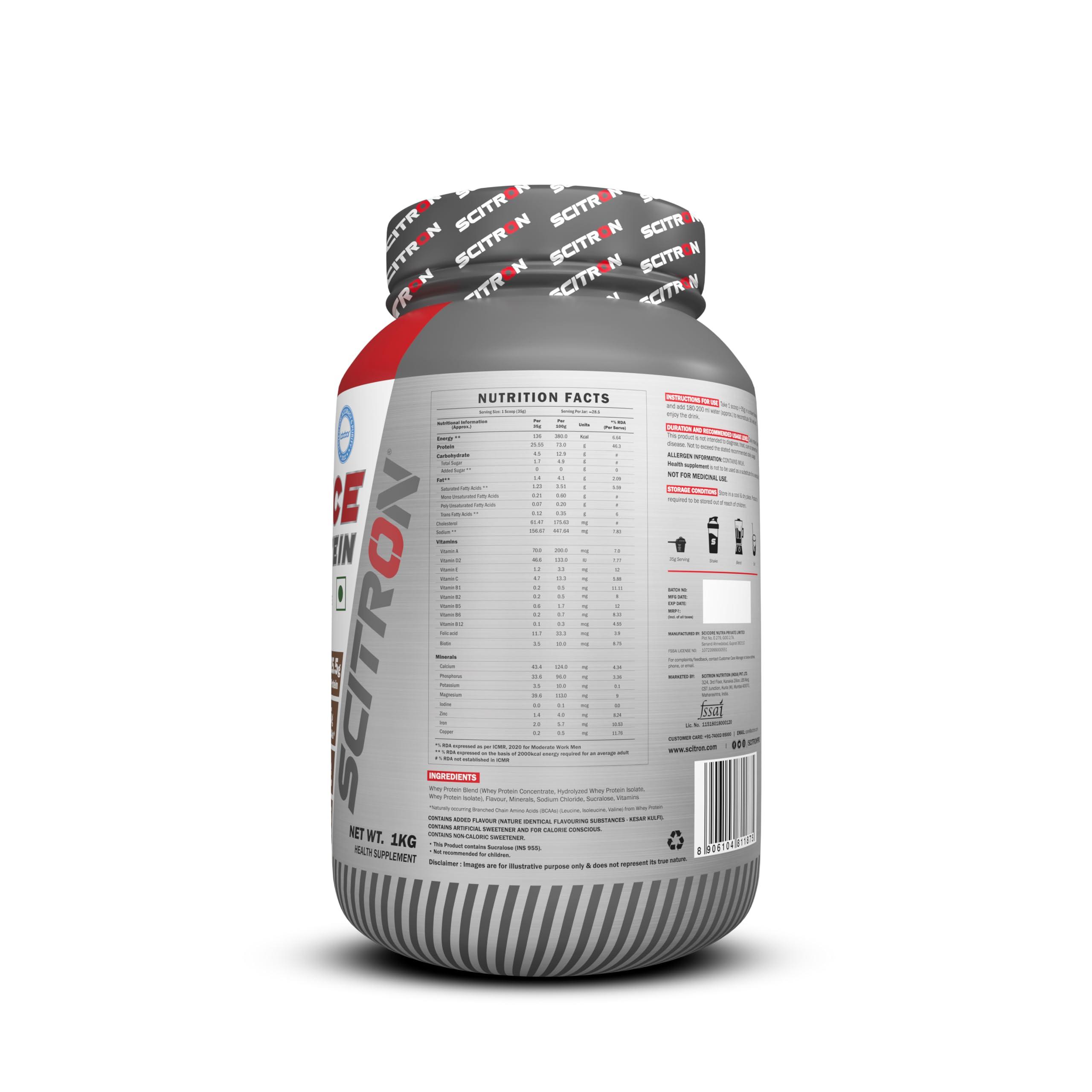 SCITRON Scitron Advance Whey Protein 1Kg Kulfi (28.5 Servings, 25.5g Protein, 5g BCAAs, 0g Sugar, 20 Vitamins & Minerals) Certified by Labdoor,USA | Sourced from Glanbia Nutrition | Certified by Informed Choice